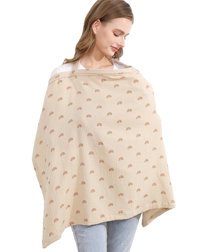 Muslin Nursing Cover for Baby Breastfeeding, Breathable 100% Cotton Breastfeeding Cover with Rigid Hoop for Mother Nursing Apron (Ivory Rainbow)