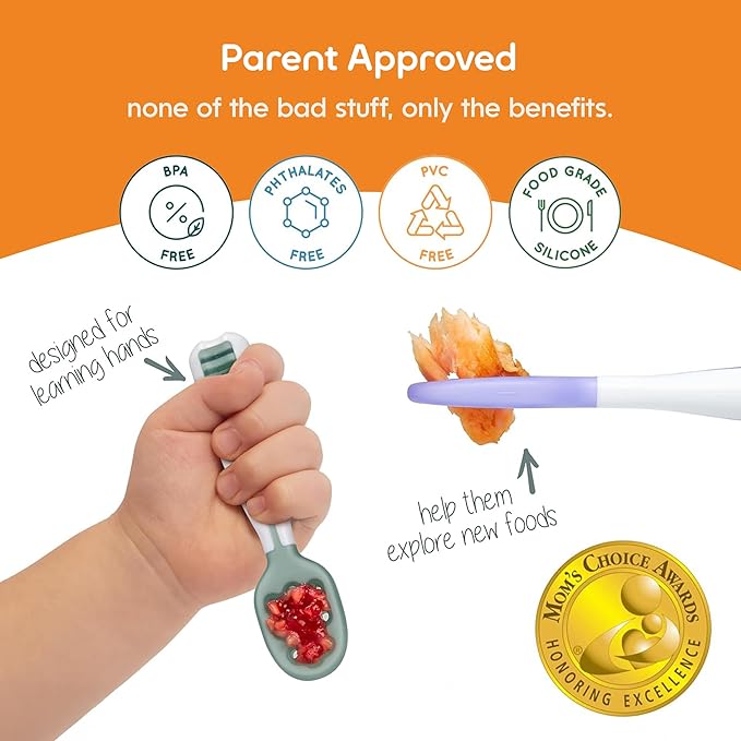 NumNum Baby Spoons Set, Baby Essentials Pre-Spoon GOOtensils for 6+ Months, First Stage Self-Feeding Spoons for Baby Led Weaning (BLW), Silicone Toddler Utensils, BPA-Free, 2 Pack Blue/Red