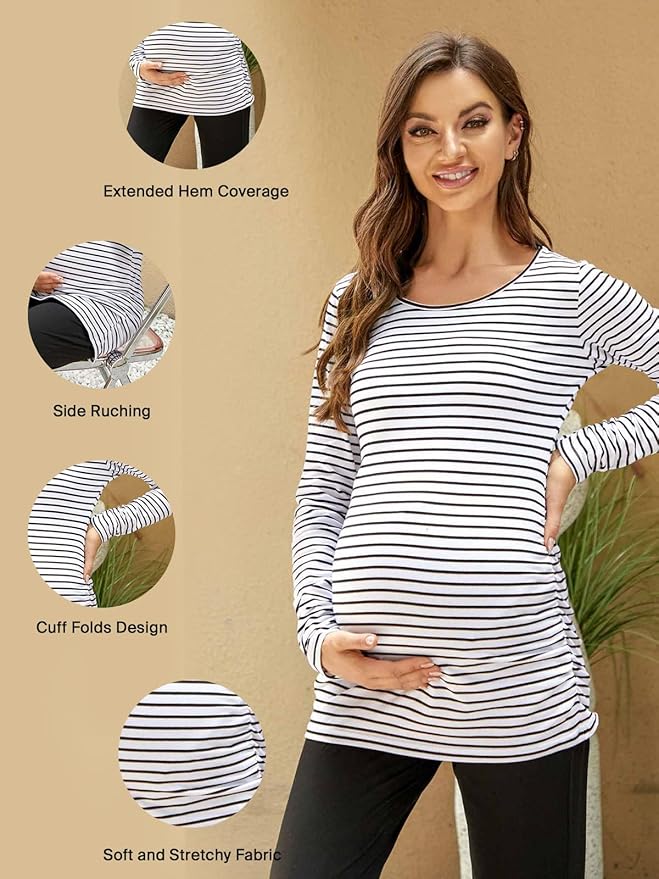 Ecavus Women's Maternity Shirts Long Sleeve Soft Stretchy Pregnancy Tops Side Ruched Casual Mama Clothes