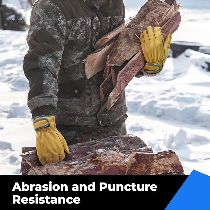 2 Pairs Winter Leather Work Gloves, Warm Thinsulate Lining for Cold Weather Work, 100% Full Grain Cowhide with Abrasion and Puncture Resistance, Size Medium