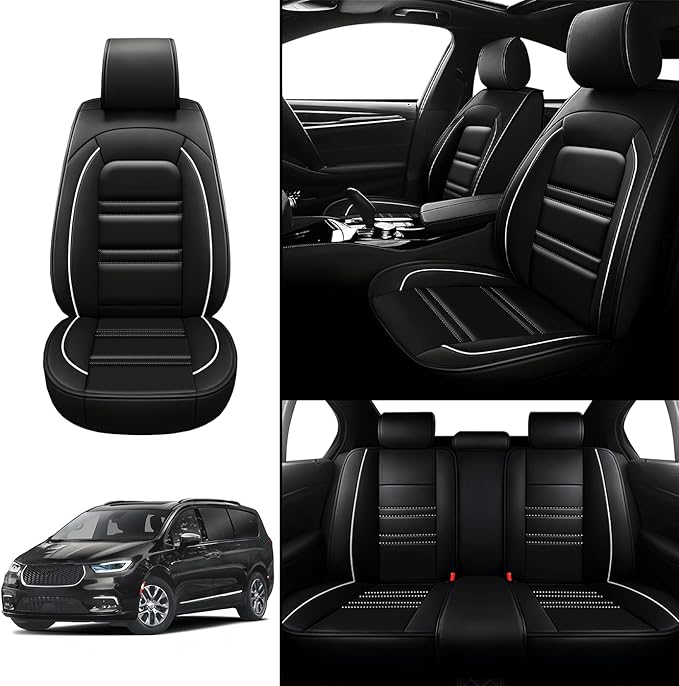 Seat Covers for Chrysler Car Pacifica 2004-2025 | 5-Seats Leather Seat Covers, Easy to Install Automotive Seat Covers Full Set (Full Set, Black&White Line)