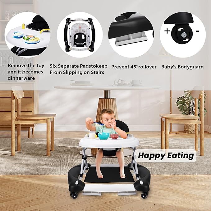 Baby Walker, 5-in-1 Baby Walkers for Boys and Girls 6-12 Months with Bouncer, Removable Footrest, Feeding Tray & Music, Foldable & Adjustable Activity Walker for 6-18 Months Toddler Infant