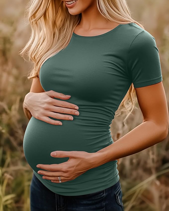 Huukeay 4 Pack Women's Maternity Shirts, Crew Neck Maternity Top Short Sleeve Casual Cotton Tee Side Ruched Pregnancy Clothes