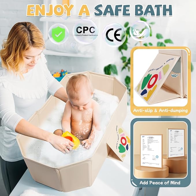 Orzbow Collapsible Baby Bathtub, Toddler Bathtub with Non-Slip Base, Portable Bath Tub for Kids Infant 12 Months+ Travle, Easy to Clean, Stable & Durable, Space-Saving, White