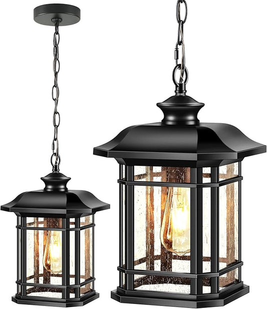 VIANIS Large Outdoor Pendant Light, Black Chandelier Lantern, Anti-Rust Outdoor Hanging Lights, Porch Lights Ceiling with Tempered Seed Glass for House