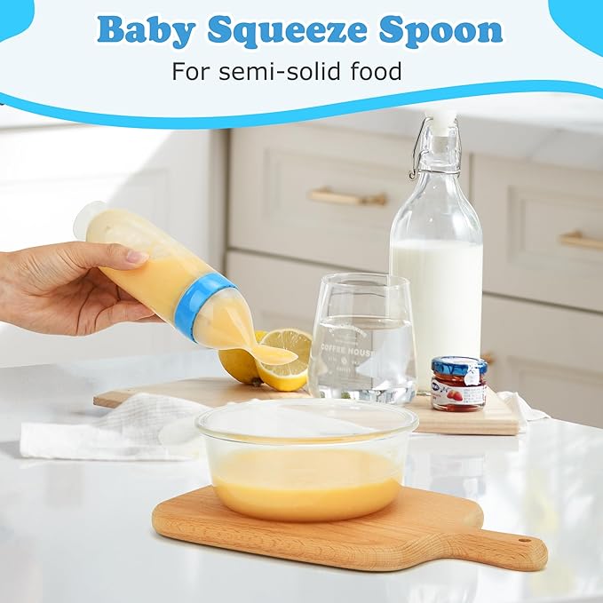 WAJIAYON Baby Food Feeder 4 Pack Silicone Baby Food Dispensing Spoon-3 oz Squeeze Feeding Spoons with Suction Cup for Boys Girl Kids Toddlers - Self Feeding Bottle Spoon-Blue