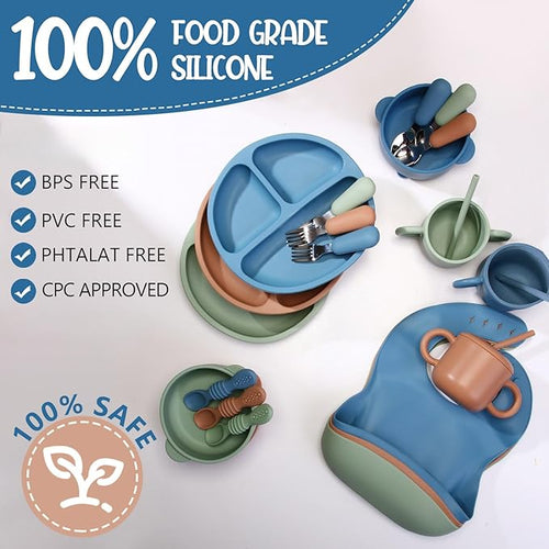 24 Pack Silicone Baby Feeding Set Baby LED Weaning Supplies Includes Suction Divided Plates Soft Bowl Spoons Forks Adjustable Bib Snack Cup and Straws(Dark Green, Dark Blue, Walnut Color)