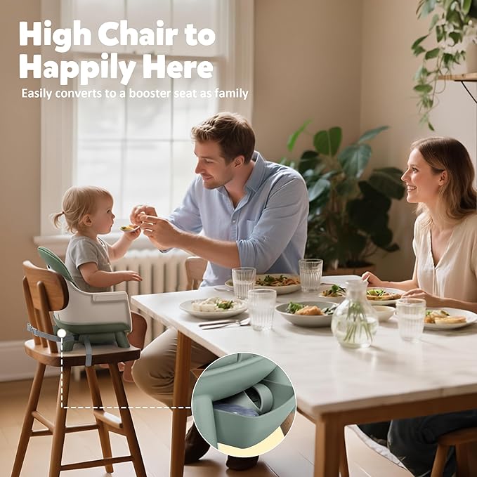 8 in 1 Wooden High Chairs for Babies Toddlers, Convertible to Booster Seat, Baby Feeding Highchair w/ 5-Point Safety Harness, Removable Tray & Cushion, Green