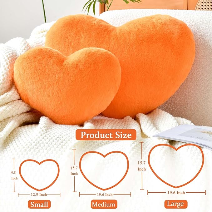Orange Heart Pillows, Cute Heart Decorative Pillow, Heart Shaped Throw Pillows for Bed, Faux Rabbit Fur Plush Hoom Decor Pillow Cushion for Chair Sofa Living Room (Large-19.6"x15.7")
