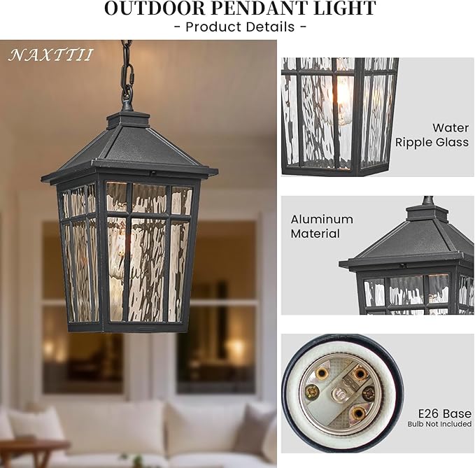Large Outdoor Pendant Lights for Porch 15.2 Inch Dusk to Dawn Black Hanging Porch Lights Outdoor Waterproof Exterior Hanging Light Fixture with Adjustable Chain E26 Socket