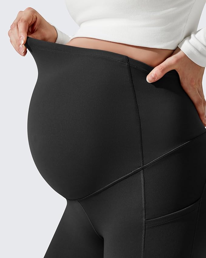G4Free Barefeel Fleece Lined Maternity Leggings with Pockets Over The Belly Pregnancy Yoga Pants