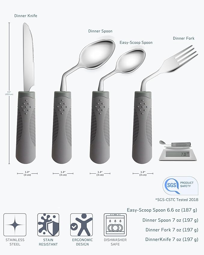 Adaptive Utensils (4-Piece Kitchen Set) Weighted 7 oz - 42° Angled Utensils for Parkinson's Patients, Hand Tremors, Arthritis & Elderly - Weighted Silverware for Hand Tremors (Left Handed)