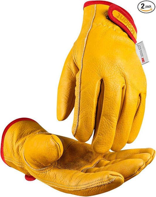 2 Pairs Winter Leather Work Gloves, Warm 3M Thinsulate Lining for Cold Weather Work, 100% Full Grain Cowhide with Abrasion and Puncture Resistance, Size Small