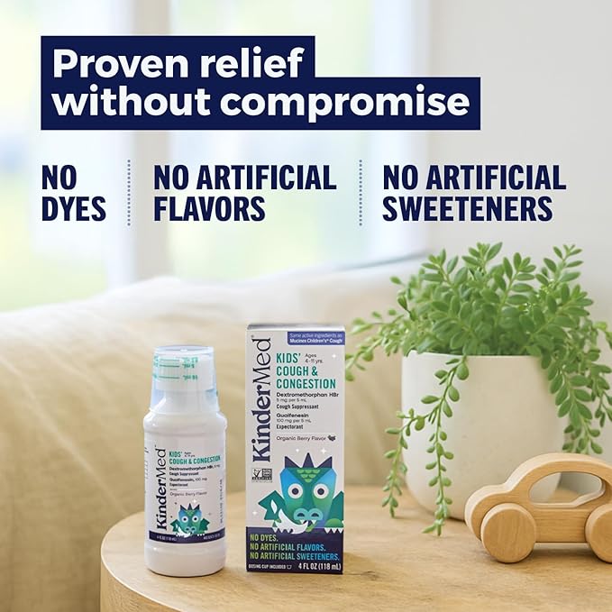 KinderMed Kids' Daytime Cough & Congestion Medicine, Ages 4-11 Years, No Dyes, No Artificial Flavors, No Artificial Sweeteners, Vegan, Non-GMO, Gluten Free, Organic Berry Flavor, 4 fl. oz (Pack of 2)