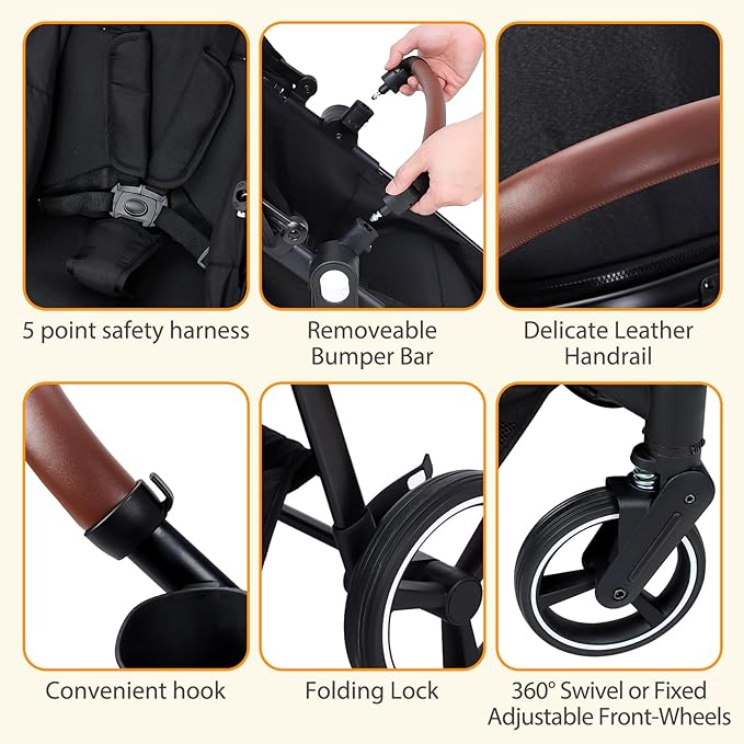 Tandem Double Stroller Newborn and Toddler, Foldable Twin Stroller with Reversible Seat, 5-Point Safety Harness, Adjustable Backrest & Canopy, Storage Basket