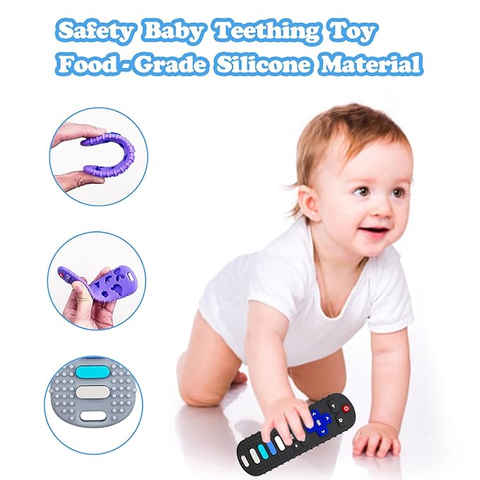 Baby Teething Toys, Food Grade Silicone Teether for Babies 3 6 12 18 Months, TV Remote Shape Toddlers Chew Toys, Freezer BPA Free (Blue+Beige)