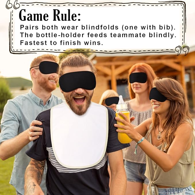 Leinuosen 24 Pcs Baby Shower Blindfold Feeding Game Set Include 6 Plastic Chug Bottles 6 Bib and 12 Eye Mask Blindfold Baby Feeding Bottle Chug Game for Adult Gender Reveal Party Supplies(Milky White)