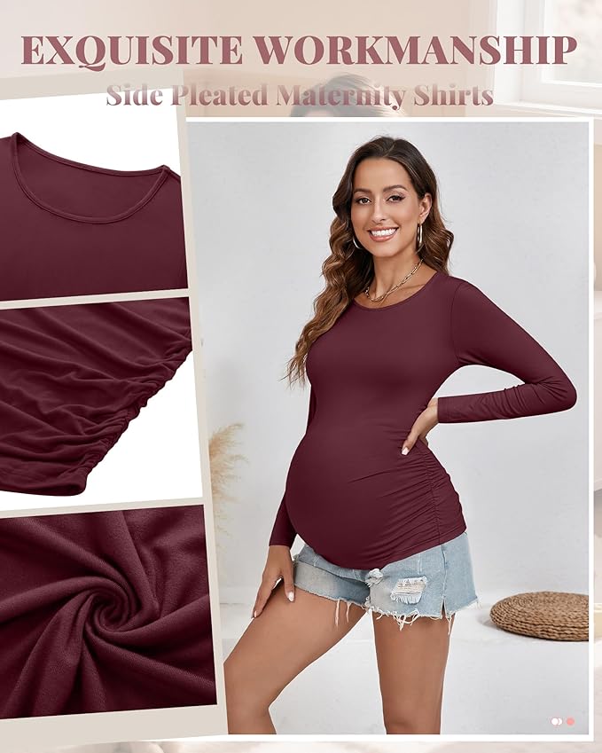 Ficerd 3 Pack Women's Maternity Shirts, Long Sleeve Side Ruched Pregnancy Tee Tops Crew Neck Casual Mama Clothes Basic Tunic