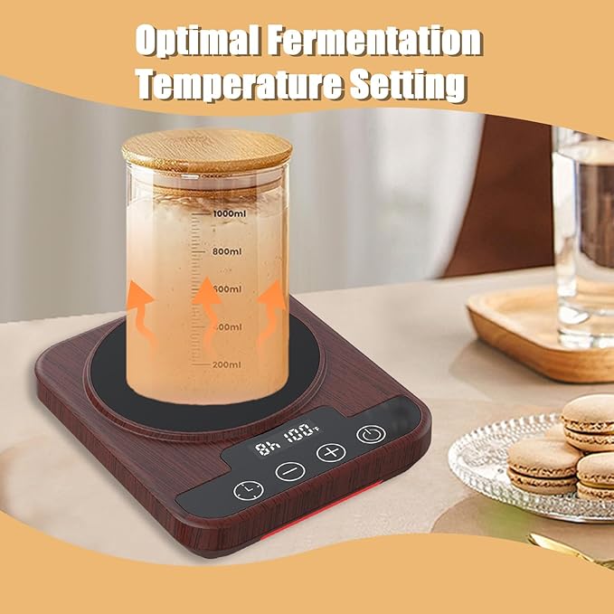 Sourdough Starter Warmer Mat, 12H Timer Warming Heating Pad, Precise 1°F Thermostat Control (70-100°F), Smart Memory Warming On/Off, Fits Jars Up to 40oz, Perfect for Home Baking (Wood)