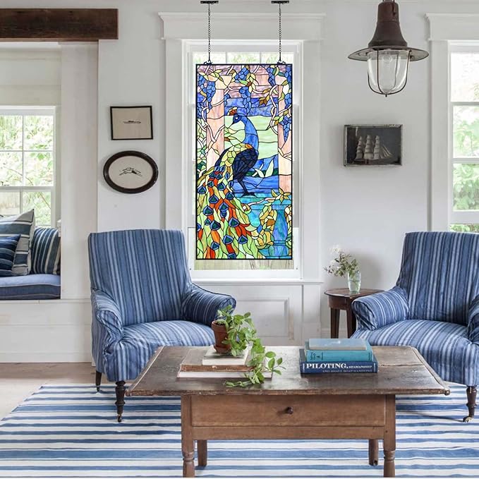 Bieye W10096 Peacock in Garden Tiffany Style Stained Glass Window Panel for Home Decor (Blue, 19.5Wx40.5H Rectangular)