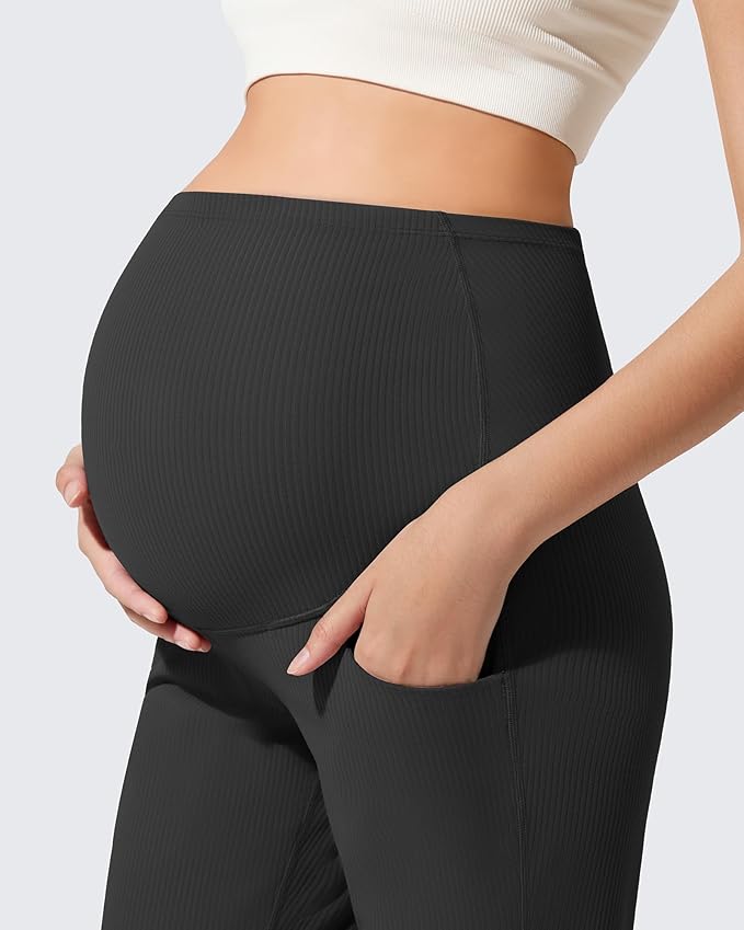 G4Free Ribbed Maternity Flare Yoga Pants with Pockets Over The Belly Pregnancy Bell Bottom Leggings