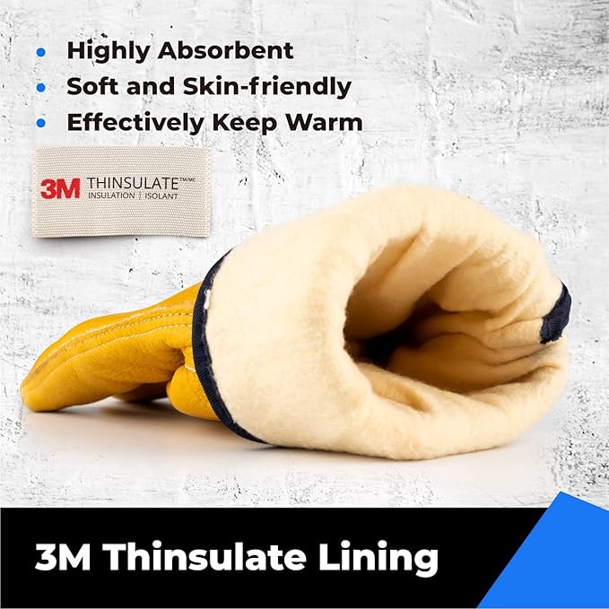 2 Pairs Winter Leather Work Gloves, Warm 3M Thinsulate Lining for Cold Weather Work, 100% Full Grain Cowhide with Abrasion and Puncture Resistance, Size X-Large