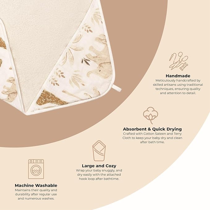 Crane Hooded Towel - 100% Cotton Terry Cloth Hooded Towels, Safari Animal Pattern, 30" x 30", Perfect for Babies' Bath, Pool, Beach & Travel