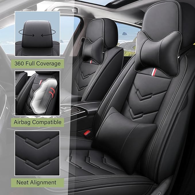 Leather Car Seat Covers Fit for LR Range Rover Evoque 2019-2025, 5 Seater Waterproof and Wear-Resistant Seat Cover Interior Accessories(Full Set with Pillow,Black)