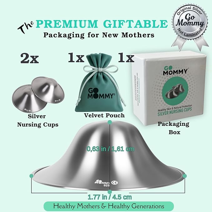 999 Pure Silver Nipple Shields for Breastfeeding Newborn & A Breastfeeding Essential by Go Mommy - Silver Nursing Cups for Sore Nipple Relief, Protects & Heals Cracked Nipples