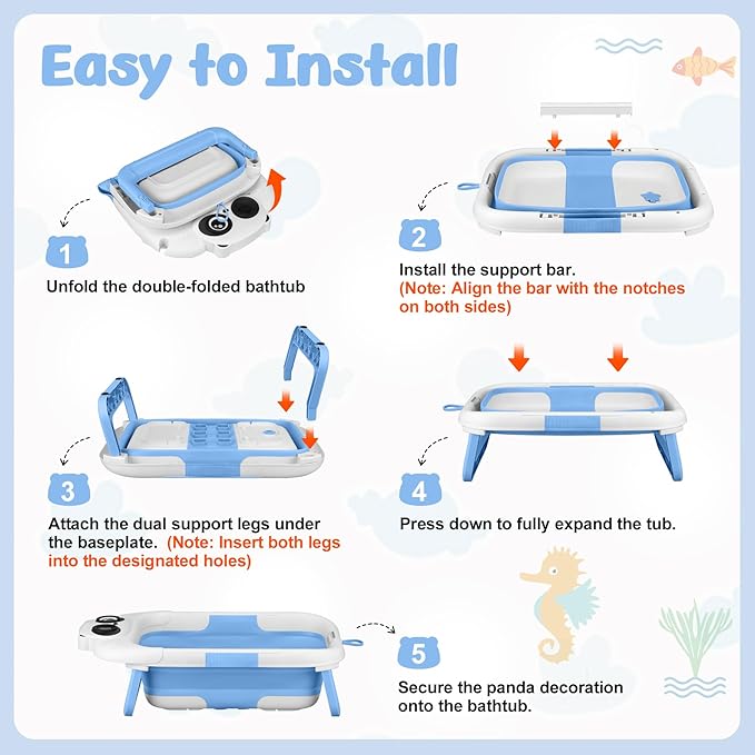 Collapsible Baby Bathtub for Newborn, Baby Bath Tub with Thermometer & Soft Floating Cushion & Drain Hole for Infant to Toddler, Portable Travel Bathtub with No-Slip Feet for 0-36 Months-Blue