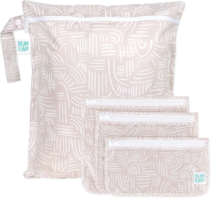 Bumkins - Waterproof Wet Bag & Clear Travel Bags - For Beach, Baby, Travel, Swim Suit, Cloth Diapers, Pump Parts, Pool, Gym, Toiletries - Reusable & Easy to Clean - Boho Beige - 4 Pack