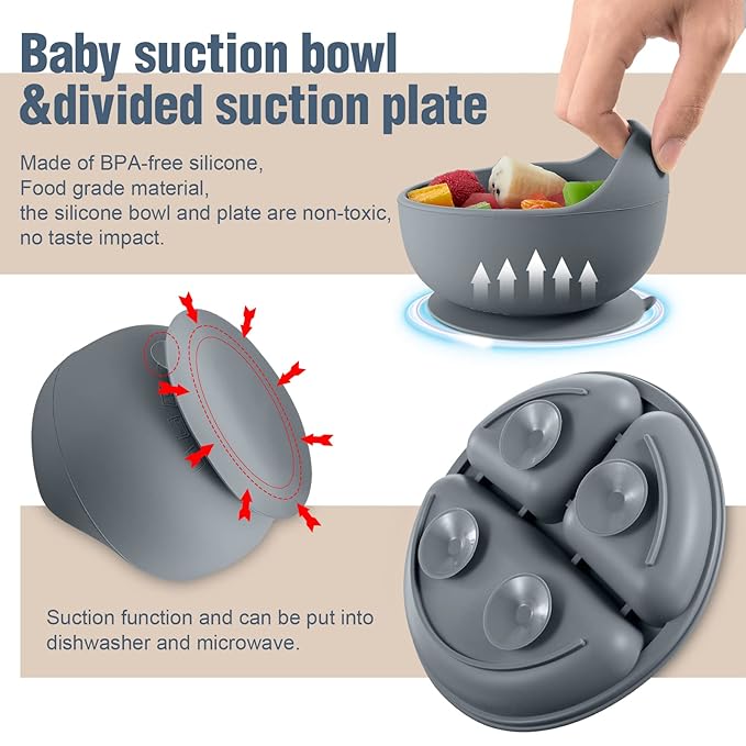 10 Pack Silicone Baby Feeding Set, Toddlers Led Weaning Feeding Supplies with Suction Baby Bowl Divided Plate Adjustable Bib Soft Silicone Spoon Fork, Infant Self Eating Utensil Set (Gray, Khaki)