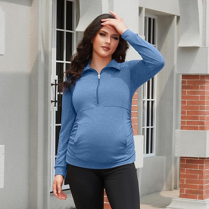 GINKANA Maternity Women's Long Sleeve Shirt Half Zipper Lapel Lightweight Casual Maternity Pullover with Pockets