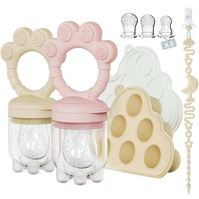 2 Pack Baby Fruit Food Feeder+Breastmilk Popsicle Molds,Baby Teethers,BPA Free,2mm Fine Holes to Prevent Choking,Perfect for Teething Relief & Infant Solid Food Introduction,3 M+（ Mauve Pink, Cream）