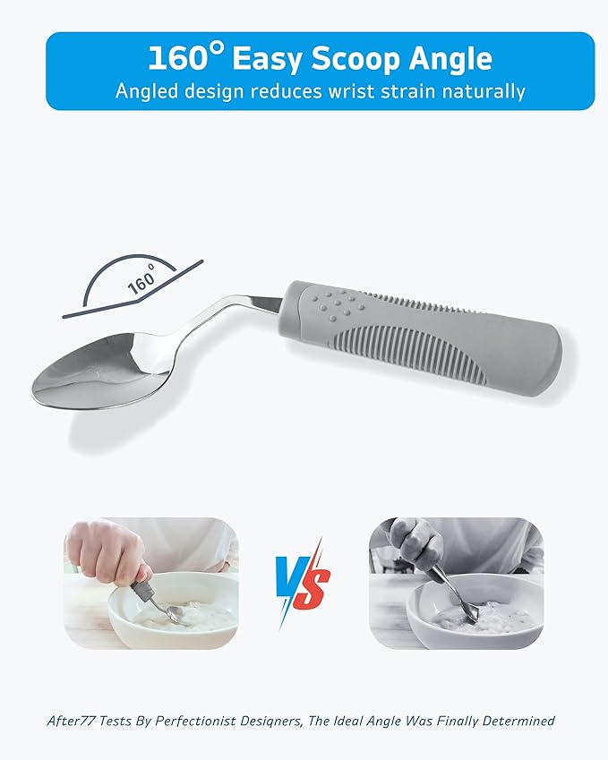 Adaptive Utensils (4-Piece Set) Weighted 5 oz - 42° Angled Utensils for Parkinson's Patients, Hand Tremors, Arthritis & Elderly - Eating Utensils for Elderly (Grey: Left Handed)