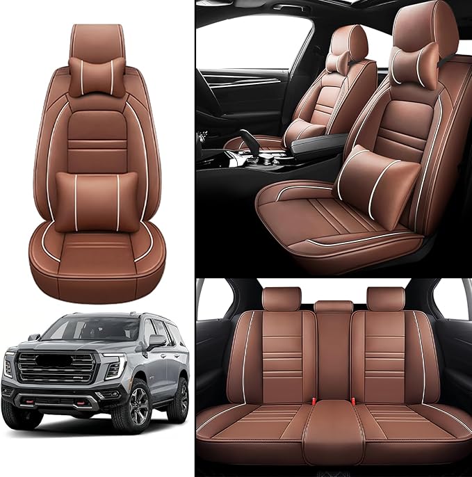 Car Seat Covers for gmc Yukon 2000-2025 | 5-Seats Seat Covers, Waterproof Seat Protectors, Automotive Seat Covers (Full Set with Pillow,Coffee)