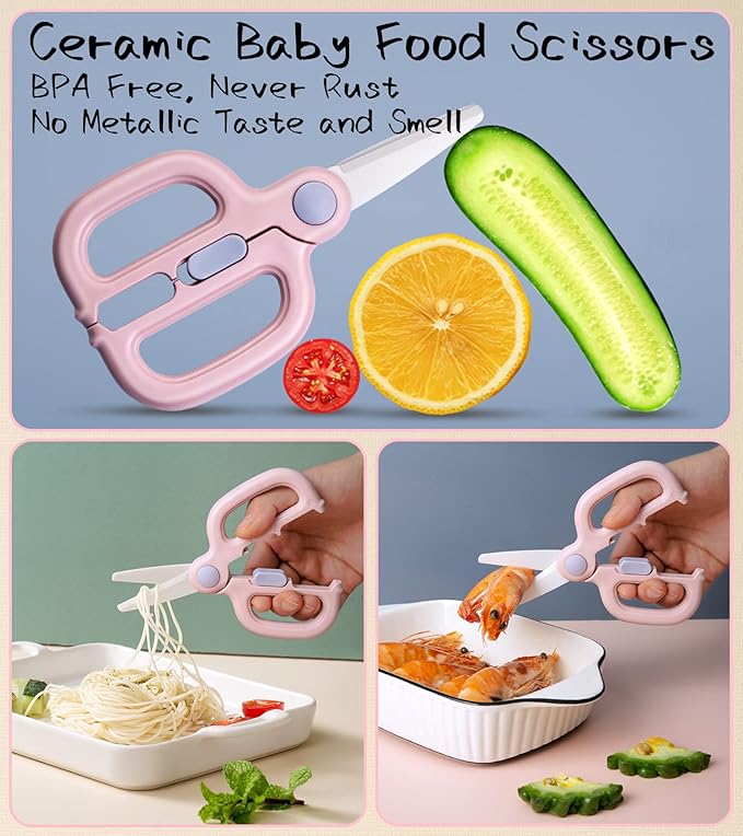 Baby Food Scissors with Travel Case, Ceramic Food Scissors Kids, Toddler Scissor with Safety Lock, Ideal for Pizza, Meats, Noodles, Vegetables, and Fruits (A)