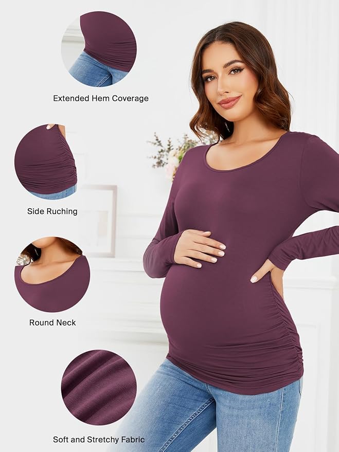 Ecavus Women's Maternity Shirts Long Sleeve Soft Stretchy Pregnancy Tops Side Ruched Casual Mama Clothes