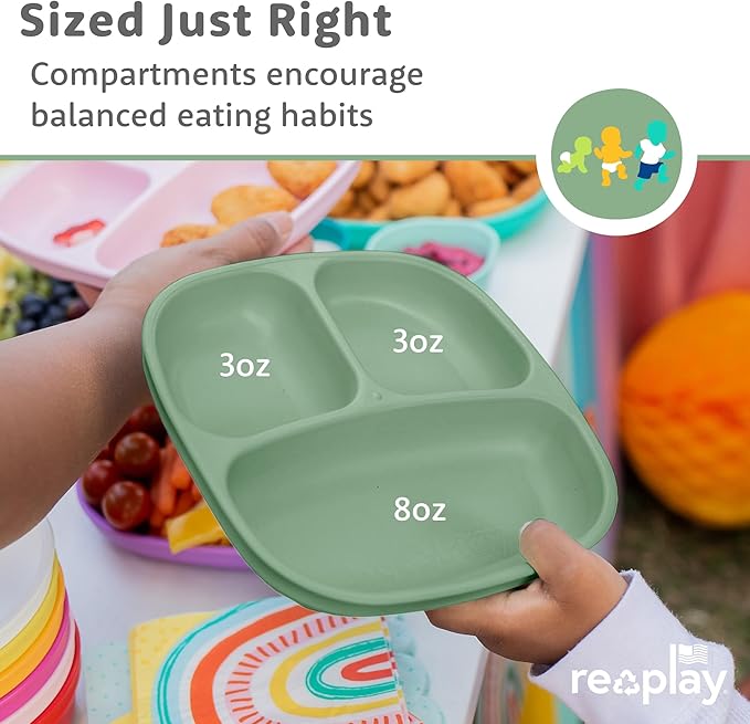 Re-Play Toddler Plates with Dividers - Deep-Walled 3 Compartments Divided Plates for Kids - Dishwasher & Microwave Safe - Made in USA - Set of 3-7.37" x 7.37" x 1.25" - Desert Roses