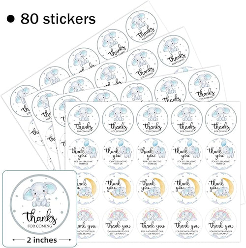 80 Pieces Cute Elephant Thank You Stickers, Baby Shower Birthday Party Decorate Watercolor Elephant Themed Party Gift Wrap Bag Label Decorations, 4 Design Stickers