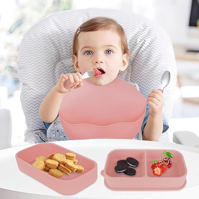 Travel Silicone Baby Feeding Set with 316 Stainless Steel Spoon & Fork,Silicone Suction Plates, Foldable Bib, Storage Bag - Portable Infant Toddler Utensils, 6-Piece BPA-Free Dishware Kit（pink）
