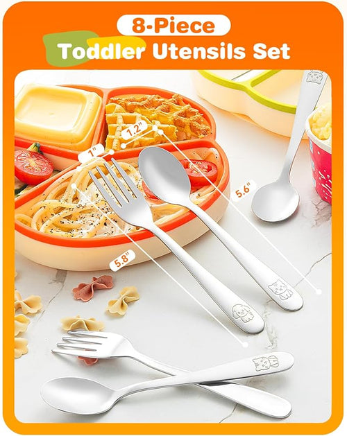 8-Piece Toddler Utensils Set, Food Grade Stainless Steel Kids Silverware Set Including Forks and Spoons, Child-Sized, Dishwasher Safe