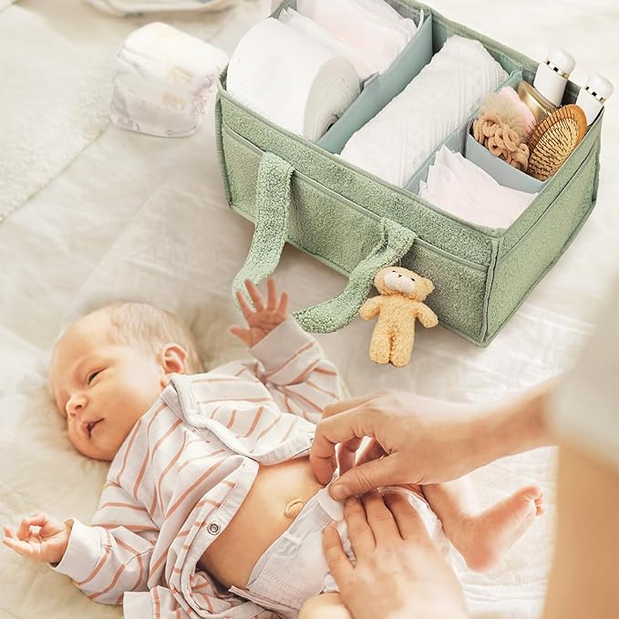 Diaper caddy, wipes, and baby essentials. Versatile as a changing table organizer or car caddy. Portable and stylish in green. Comes with a gift bag—ideal for baby showers