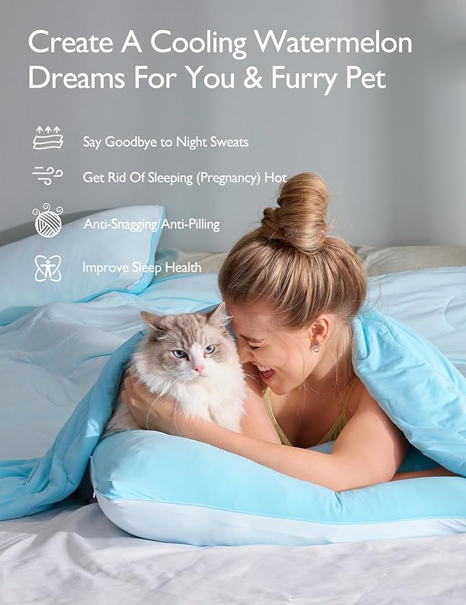 Momcozy Life CoolMurm Cooling Comforter for Hot Sleepers, Full/Queen 90"x90" Soft Breathable Pregnancy Cooling Blanket, 3-Second Cooling, 8 Hours+ Stay Cool All Night, Deep Light Blue