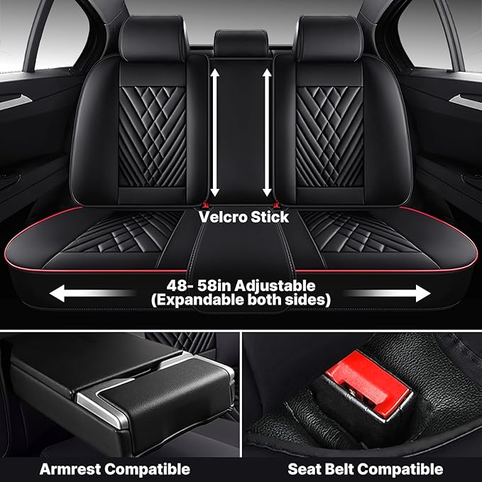 Universal Leather Seat Cover for Cars - Front and Rear Auto Protector, Wear-Resistant Cushion for 5 Seats With Headrest (Black & Red)
