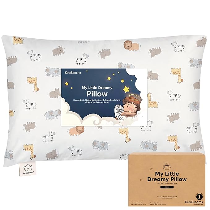KeaBabies Toddler Pillow with Pillowcase, Jumbo 14X20 - Soft Organic Cotton Toddler Pillows for Sleeping - Machine Washable - Perfect for Travel, Toddler Bed Set (Safari Echo)