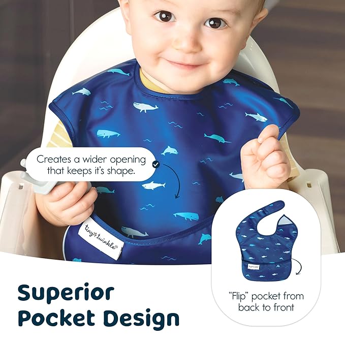 Tiny Twinkle Mess Proof Baby Bibs for Eating – Waterproof, Wipeable Toddler Bibs with Pocket – Baby Food Bibs for Girls & Boys(3 Pack,Ocean Life Set)