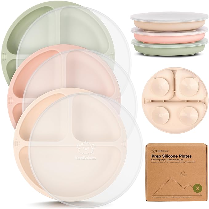 KeaBabies Suction Plates with Lids for Baby - 3-Pack 100% Silicone Toddler Plates with Suction, Divided, BPA-Free Baby Led Weaning Essentials for Kids, Dishwasher, Microwave Safe, Durable (Macaron)