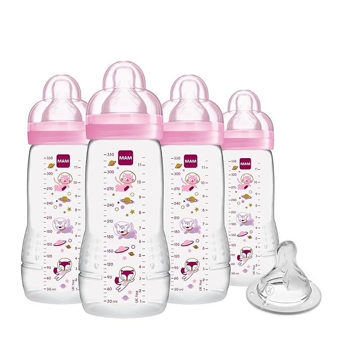 MAM Easy Active Baby Bottles 11 oz with Bonus Nipple, Fast Flow Skinsoft Silicone Nipple with Wide Neck Ergonomic Design, Easy to Hold, BPA-Free Bottles with Leak-Proof Caps for 4+ Months Baby, Girl