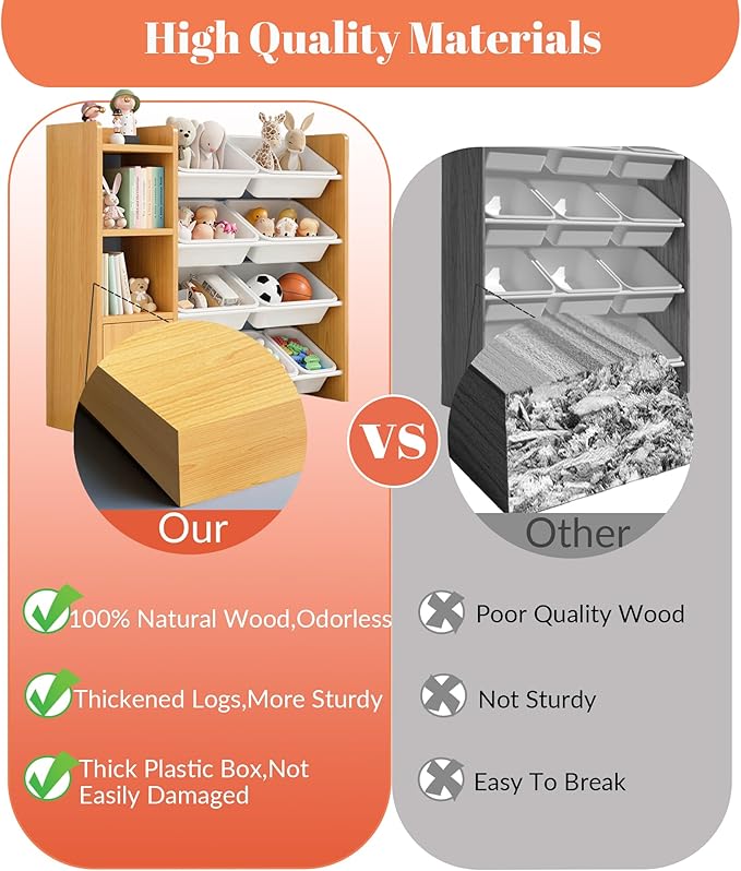 Toy Storage Organizer with 3 Shelves 1Lockers and 10 Bins, Toy Organizers Storage Bookshelf, Kids Bin Shelf Toys Box Bookcase for Bedroom Playroom Organization Room Decor - 100% Solid Wood
